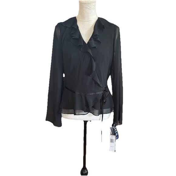 Vintage Patra Evening Ruffled Wrap Blouse Sheer Long Sleeves Size 12 NWT Goth - Picture 13 of 13